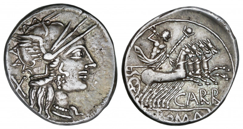 Denario. 122 a.C. PAPIRIA. Papirius Carbo. Anv.: Cabeza de Roma a derecha, detrá...