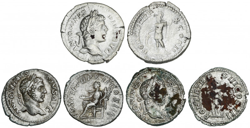 Lote 3 monedas Denario. Acuñadas el 198-217 d.C. CARACALLA. AR. A EXAMINAR. C-44...