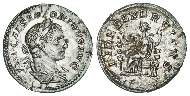 Denario. Acuñada el 219 d.C. HELIOGÁBALO. Anv.: IMP. CAES. ANTONINVS AVG. Busto ...