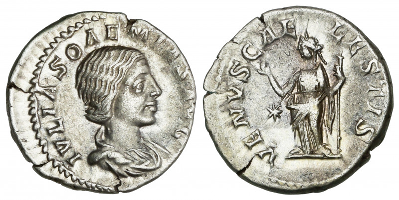 Denario. Acuñada el 222 d.C. JULIA SOAEMIAS. Anv.: IVLIA SOAEMIAS AVG. Busto a d...