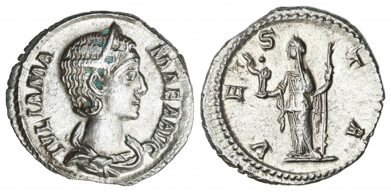 Denario. Acuñada el 235 d.C. JULIA MAMAEA. Anv.: IVLIA MAMAEA AVG. Busto diadema...