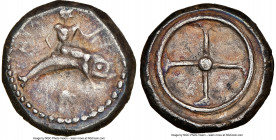 CALABRIA. Tarentum. Ca. 480-450 BC. AR didrachm (18mm, 7.23 gm). NGC Choice VF 4/5 - 3/5. TARAS (retrograde), Taras astride dolphin right, left hand o...