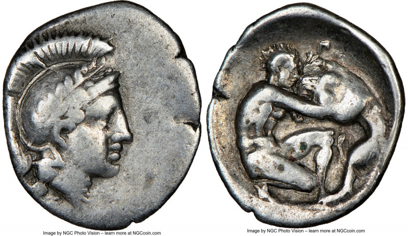 CALABRIA. Tarentum. Ca. 380-280 BC. AR diobol (14mm, 12h). NGC VF. Head of Athen...