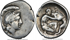 CALABRIA. Tarentum. Ca. 380-280 BC. AR diobol (14mm, 12h). NGC VF. Head of Athena right, wearing laureate crested Attic helmet / Heracles kneeling rig...