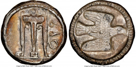 BRUTTIUM. Croton. Ca. 480-430 BC. AR stater or nomos (19mm, 7.68 gm, 7h). NGC (photo-certificate) XF 5/5 - 3/5. ϘPO (retrograde), ornamented sacrifici...