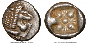 IONIA. Miletus. Ca. late 6th-5th centuries BC. AR obol (10mm). NGC Choice AU. Milesian standard. Forepart of roaring lion left, head reverted / Stella...