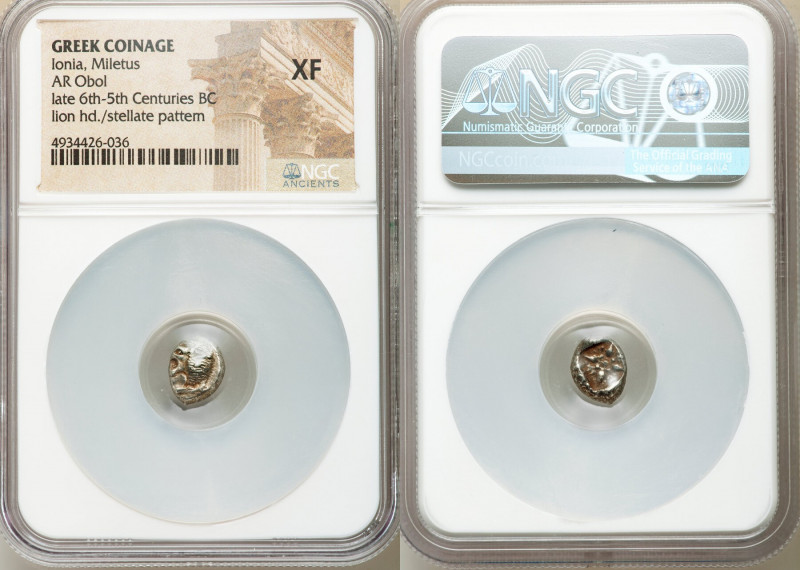 IONIA. Miletus. Ca. late 6th-5th centuries BC. AR obol (10mm). NGC XF. Milesian ...