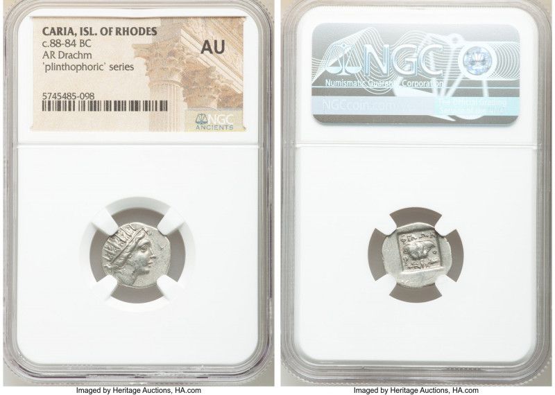 CARIAN ISLANDS. Rhodes. Ca. 88-84 BC. AR drachm (16mm, 11h). NGC AU. Plinthophor...