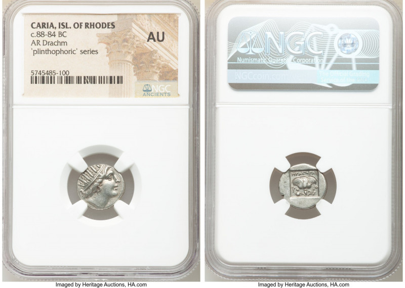 CARIAN ISLANDS. Rhodes. Ca. 88-84 BC. AR drachm (15mm, 12h). NGC AU. Plinthophor...