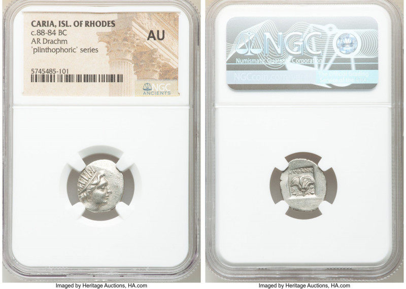 CARIAN ISLANDS. Rhodes. Ca. 88-84 BC. AR drachm (16mm, 12h). NGC AU. Plinthophor...