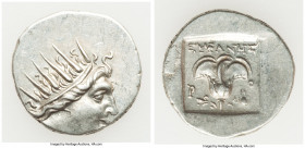 CARIAN ISLANDS. Rhodes. Ca. 88-84 BC. AR drachm (16mm, 2.14 gm, 12h). AU. Plinthophoric standard, Euphanes, magistrate. Radiate head of Helios right /...