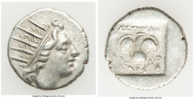 CARIAN ISLANDS. Rhodes. Ca. 88-84 BC. AR drachm (15mm, 2.23 gm, 12h). XF. Plinthophoric standard, Thrasymedes, magistrate. Radiate head of Helios righ...