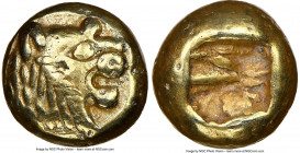 LYDIAN KINGDOM. Alyattes or Walwet (ca. 610-546 BC). EL 1/12 stater or hemihecte (7mm, 1.19 gm). NGC Choice VF 5/5 - 3/5. Sardes mint. Head of roaring...