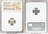 LYCIAN DYNASTS. Mithrapata (ca. 390-360 BC). AR sixth-stater (14mm, 3h). NGC XF. Uncertain mint. Lion scalp facing / M-E-Θ, arrow below M, triskeles w...