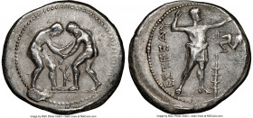 PAMPHYLIA. Aspendus. Ca. 325-250 BC. AR stater (26mm, 1h). NGC Choice VF. Two wrestlers grappling; KY between / ΕΣΤFΕΔΙΥ, slinger standing right, plac...