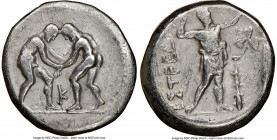 PAMPHYLIA. Aspendus. Ca. 325-250 BC. AR stater (24mm, 12h). NGC VF, marks. Two wrestlers grappling; K between / ΕΣΤFΕΔΙΥ, slinger standing right, plac...