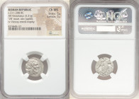 Anonymous. Ca. 211-208 BC. AR victoriatus (17mm, 3.31 gm, 1h). NGC Choice MS 5/5 - 5/5. Laureate head of Jupiter right; dotted border / ROMA, Victory ...