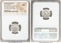 Anonymous. Ca. 211-208 BC. AR victoriatus (19mm, 5h). NGC MS. Laureate head of Jupiter right; dotted border / ROMA, Victory standing right, crowning t...