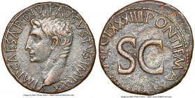 Augustus (27 BC-AD 14). AE as (29mm, 10.41 gm, 7h). NGC Choice VF 4/5 - 2/5, edge marks. Rome, AD 11-12. IMP•CAESAR•DIVI•F•AVGVSTVS IMP. XX, bare head...