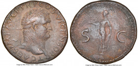 Titus (AD 79-81). AE as (28mm, 13.00 gm, 7h). NGC Choice VF 5/5 - 2/5. Lugdunum, AD 77-78. T CAES IMP AVG F TR P COS VI CENSOR, laureate head of Titus...