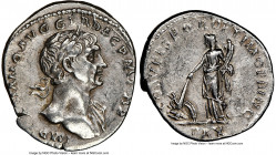 Trajan (AD 98-117). AR denarius (19mm, 8h). NGC Choice XF. Rome, AD 111. IMP TRAIANO AVG GER DAC P M TR P , laureate bust right, drapery on left shoul...