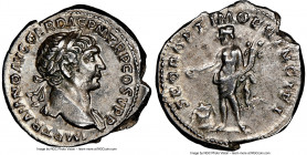 Trajan (AD 98-117). AR denarius (20mm, 7h). NGC XF. Rome, AD 103-111. IMP TRAIANO AVG GER DAC P M TR P COS V P P, laureate bust of Trajan right, drape...