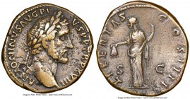 Antoninus Pius (AD 138-161). AE sestertius (32mm, 28.64 gm, 4h). NGC VF 5/5 - 3/5. Rome, AD 154-155. ANTONINVS AVG PI-VS PP TRP XVIII, laureate head o...