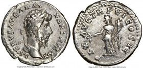 Lucius Verus (AD 161-169). AR denarius (19mm, 7h). NGC VF. Rome, AD 165/6. L VERVS AVG ARM PARTH MAX, laureate head of Verus right / PAX AVG TR P VI C...