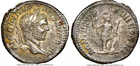 Caracalla (AD 198-217). AR denarius (19mm, 3.51 gm, 1h). NGC XF 5/5 - 3/5. Rome, AD 210. ANTONINVS PIVS AVG BRIT, laureate head of Caracalla right / P...