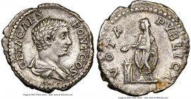 Geta (AD 209-211). AR denarius (19mm, 3.08 gm, 7h). NGC Choice XF 5/5 - 4/5. Rome, ca. AD 205. GETA CAES PONT COS, bare head, draped bust of Geta righ...
