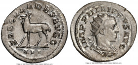 Philip II (AD 247-249). AR antoninianus (23mm, 3.61 gm, 5h). NGC MS 4/5 - 4/5. Rome, 3rd officina, Millennium Issue, AD 248. IMP PHILIPPVS AVG, radiat...