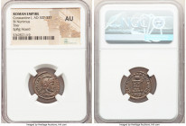 Constantine I the Great (AD 307-337). AE3 or BI nummus (20mm, 12h). NGC AU. Trier, 1st officina, AD 323. CONSTA-NTINVS AVG, helmeted, cuirassed bust o...