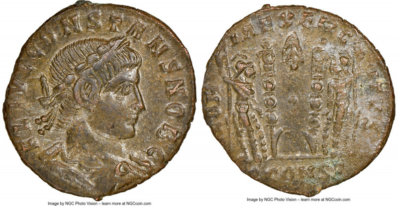 Constans, as Caesar (AD 337-350). AE3 or BI nummus (18mm, 7h). NGC Choice AU. Ar...