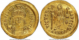 Justinian I the Great (AD 527-565). AV solidus (21mm, 4.44 gm, 6h). NGC MS 5/5 - 2/5, edge bend, clipped. Constantinople, 7th officina, ca. AD 545-565...