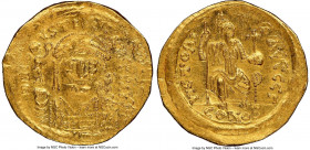 Justin II (AD 565-578). AV solidus (21mm, 4.38 gm, 6h). NGC MS 2/5 - 2/5, bent, marks, clipped, double struck. Constantinople, 3rd officina. D N I-VST...