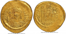 Maurice Tiberius (AD 582-602). AV solidus (22mm, 8h). NGC AU. Constantinople, 3rd officina, AD 582-583. d N mAVRIC-TIbЄ P P AVI, crowned, cuirassed bu...