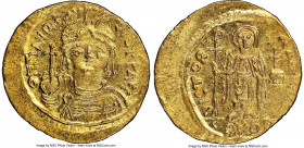 Maurice Tiberius (AD 582-602). AV solidus (22mm, 4.49 gm, 7h). NGC MS 4/5 - 4/5. Antioch, uncertain officina. o N mAVRC-TIb PP AVG, draped and cuirass...