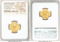 Phocas (AD 602-610). AV solidus (21mm, 4.37 gm, 7h). NGC AU 4/5 - 3/5, light graffito. Constantinople, 5th officina, AD 607-609. o N FOCAS-PЄRP AVG, c...