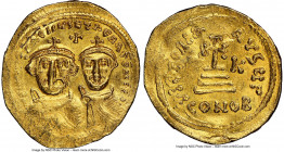 Heraclius (AD 610-641), with Heraclius Constantine. AV solidus (22mm, 4.48 gm, 7h). NGC MS 3/5 - 2/5, wrinkled, die shift, clipped. Constantinople, 3r...