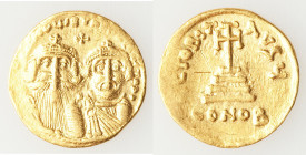 Heraclius (AD 610-641), with Heraclius Constantine. AV solidus (21mm, 4.41 gm, 7h). Choice XF, graffiti, slight edge bend, brushed. Constantinople, 10...