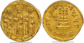 Heraclius (AD 610-641), with Heraclius Constantine and Heraclonas. AV solidus (20mm, 4.38 gm, 7h). NGC MS 5/5 - 4/5, clipped. Constantinople, 8th offi...