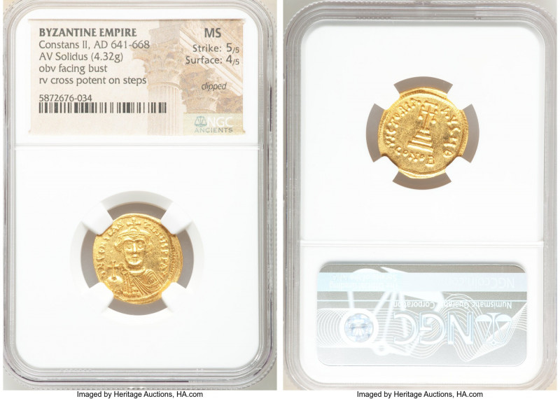 Constans II Pogonatus (AD 641-668). AV solidus (20mm, 4.32 gm, 7h). NGC MS 5/5 -...