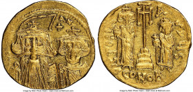 Constans II Pogonatus (AD 641-668), with Constantine IV, Heraclius and Tiberius. AV solidus (19mm, 6h). NGC AU clipped. Constantinople, 6th officina, ...