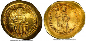 Isaac I Comnenus (AD 1057-1059). AV histamenon nomisma (27mm, 6h). NGC XF, scratch. Constantinople. + IhS XIS RЄX-RЄϚNANTInm, Christ seated facing on ...