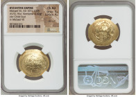 Michael VII Ducas (AD 1071-1078). AV/EL histamenon nomisma scyphate (28mm, 4.42 gm, 6h). NGC Choice AU 5/5 - 4/5, die shift. Constantinople. Bust of C...