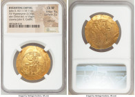 John II Comnenus (AD 1118-1143). AV hyperpyron (31mm, 4.36 gm, 5h). NGC Choice XF 5/5 - 2/5, wrinkled, graffiti. Constantinople. Christ seated facing ...