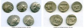 ANCIENT LOTS. Greek. Carian Islands. Rhodes. Ca. 88-84 BC. Lot of five (5) AR drachms. VF-XF. Includes: (5) Plinthophoric standard, AR drachms. Variou...