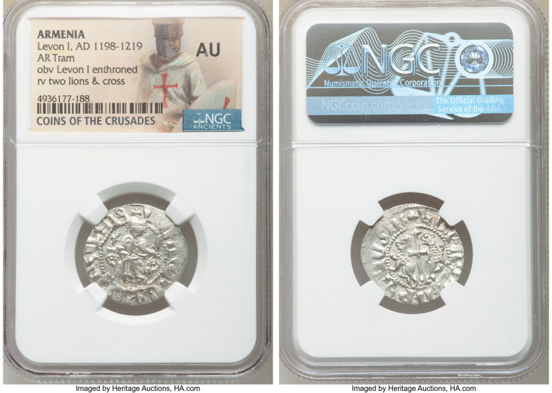 Cilician Armenia. Levon I Tram ND (1198-1219) AU NGC, 23mm. Levon I enthroned / ...