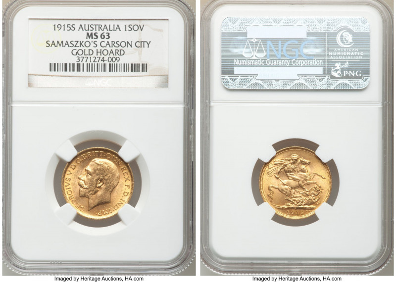 George V gold Sovereign 1915-S MS63 NGC, Sydney mint, KM29. AGW 0.2355 oz. Ex. S...