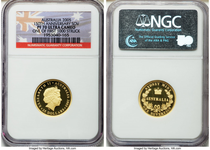 Elizabeth II gold Proof "150th Anniversary Sovereign" 25 Dollars 2005 PR70 Ultra...